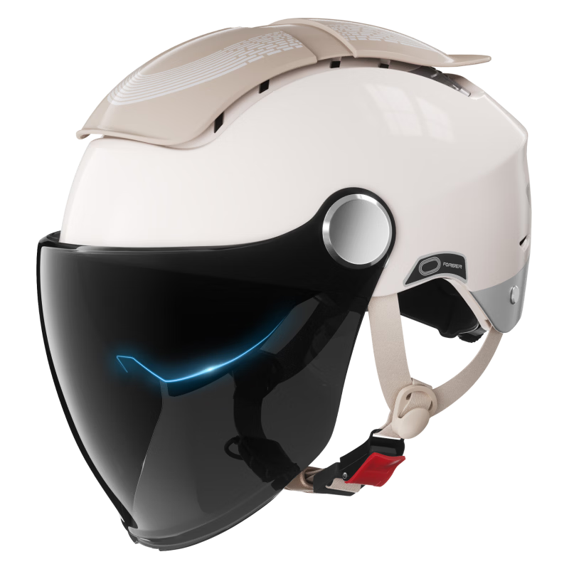 FOREVER Dual-Opening Sunroof Electric Motorcycle Helmet, 3C Certified, for Men And Women, Summer Sun Protection, Breathable Double Visor, Ventilated Half Helmet, Zero-G Sunroof, All-Season Safety Helmet, 966 Khaki Color with Changeable Long Visors