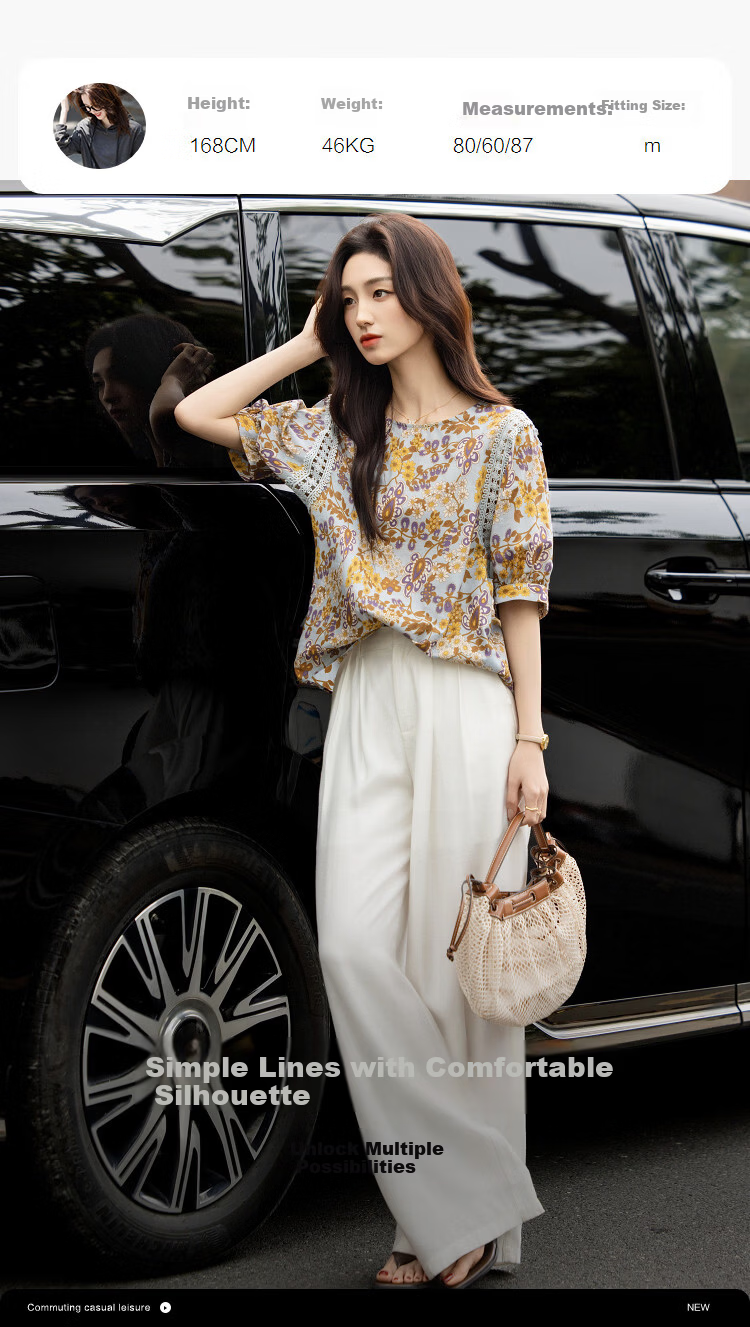 Demana [Pure Cotton Slub Texture] Summer Urban Romantic Printed Lace Ribbon Loose Slim Shirt for Women High-End Feel 4