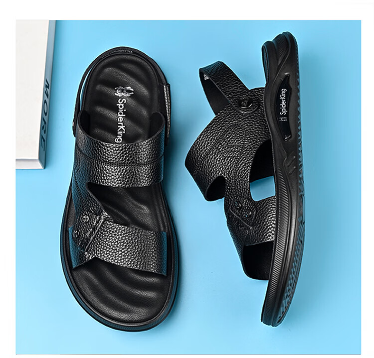 Spider King 2026 Summer New Men's Beach Sandals Genuine Leather Soft Sole Dual-Wear Slippers for Middle-aged and Elderly Dads Black Size 39 20