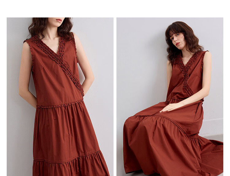 Demana [100% Cotton Poplin] Summer French Style Cross V-Neck Sleeveless Ruffle Slim A-Line Mid-Length Dress for Women 8