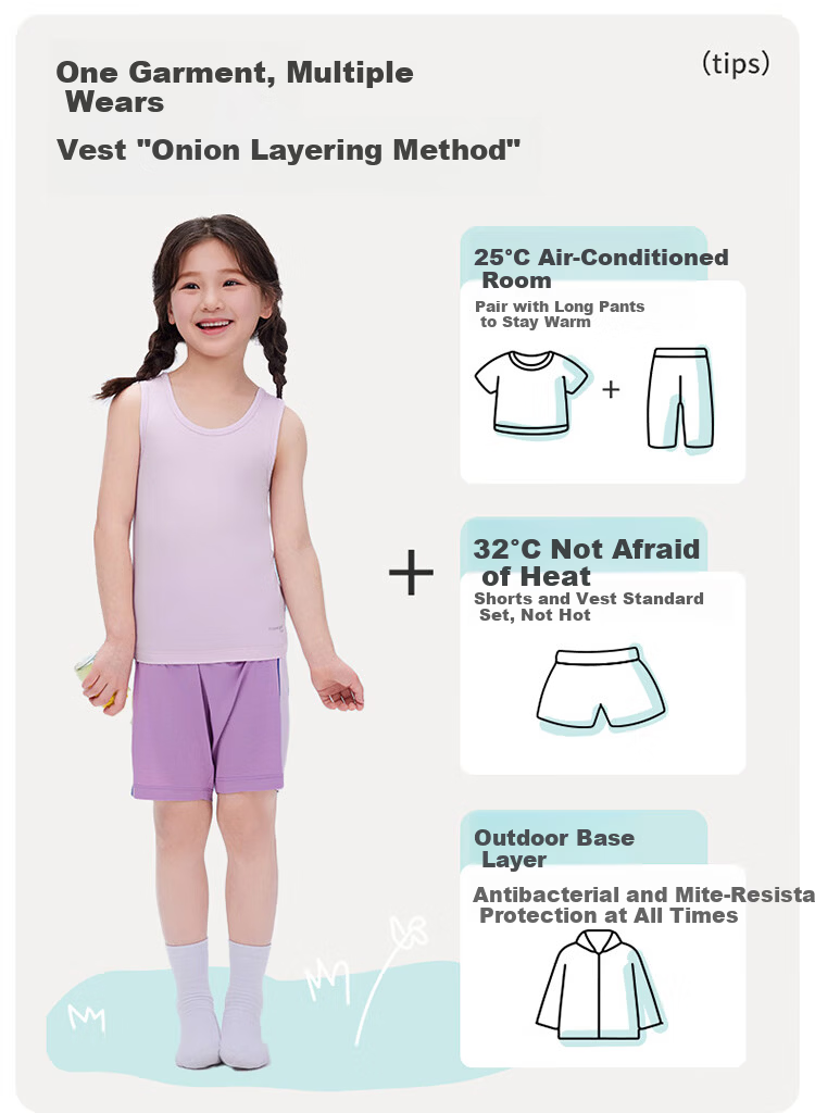 THREEGUN Kids Cooling Modal 3A Antibacterial Boys Girls Crew Neck Vest Aqua Green 150 4