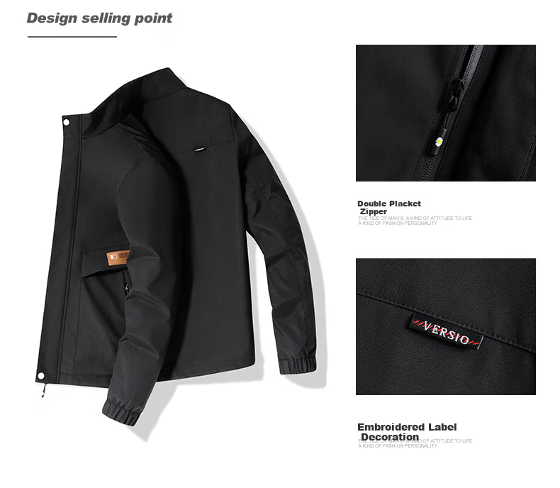 Jeanswest Men's Outdoor Sports Jacket Spring Autumn Coat Stand Collar Loose Workwear Windproof Casual Trendy Versatile Black 2XL 3