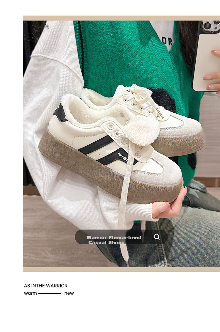 Warrior Official Women's Fleece-Lined Training Shoes 2026 Spring Summer Warm Sports Shoes Black White Size 37 12