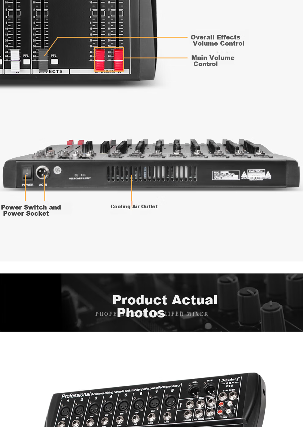 Depusheng DT8 Professional 8-Channel Mixer Stage Performance Video Conference Training Recording Live Singing Reverb USB Bluetooth MP3 Playback Multi-Channel Control Outdoor with Effects Equalizer 13