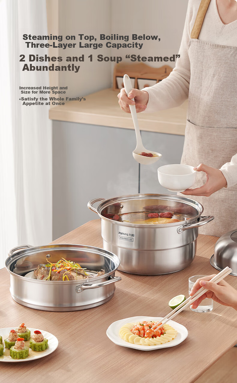 Joyoung 28cm Stainless Steel 304 Double-Layer Steamer Pot with High Dome Lid, Large Capacity, Stove Compatible for Home Steaming, Cooking, and Soup Making 5