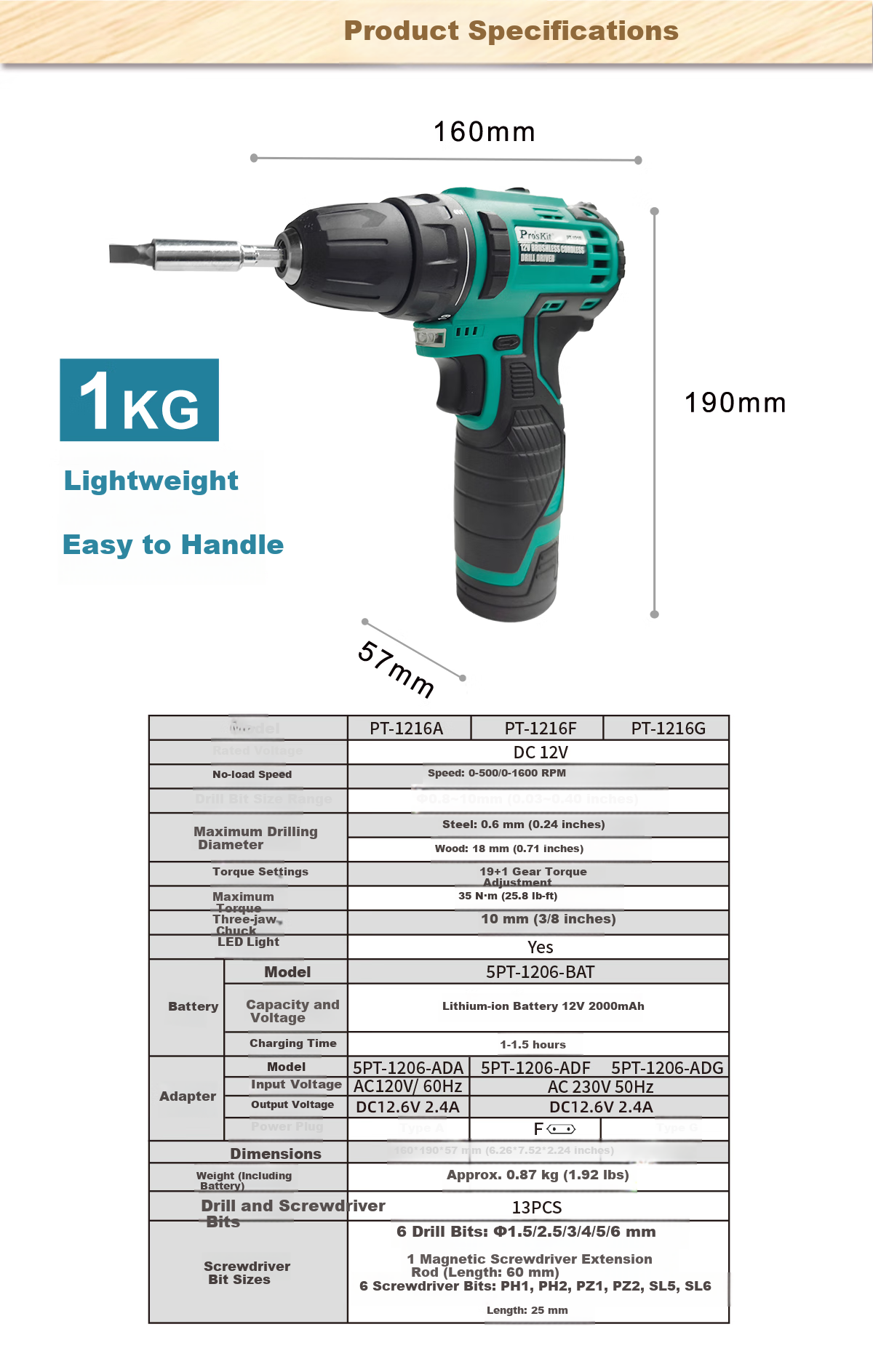 Pro'sKit 12V Cordless Brushless Electric Drill Screwdriver Impact Drill PT-1216G 8