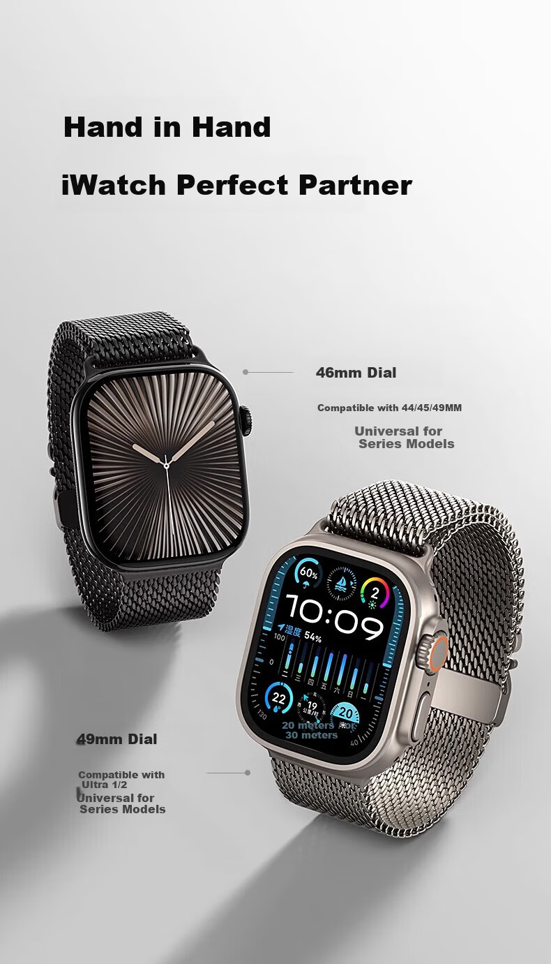 W&P 26 New Style Compatible with Apple Watch Band, for Apple Watch Ultra 4/3/2 Titanium Milanese Parachute-Style Strap, Suitable for IWatch S12/11/10/9/SE 19
