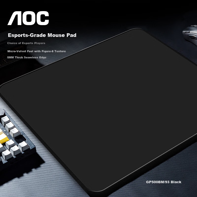 AOC GP500BM/93 Black Gaming Mouse Pad 490x420x5mm Microfiber Woven FPS Smooth Thickened Edge-Sealed