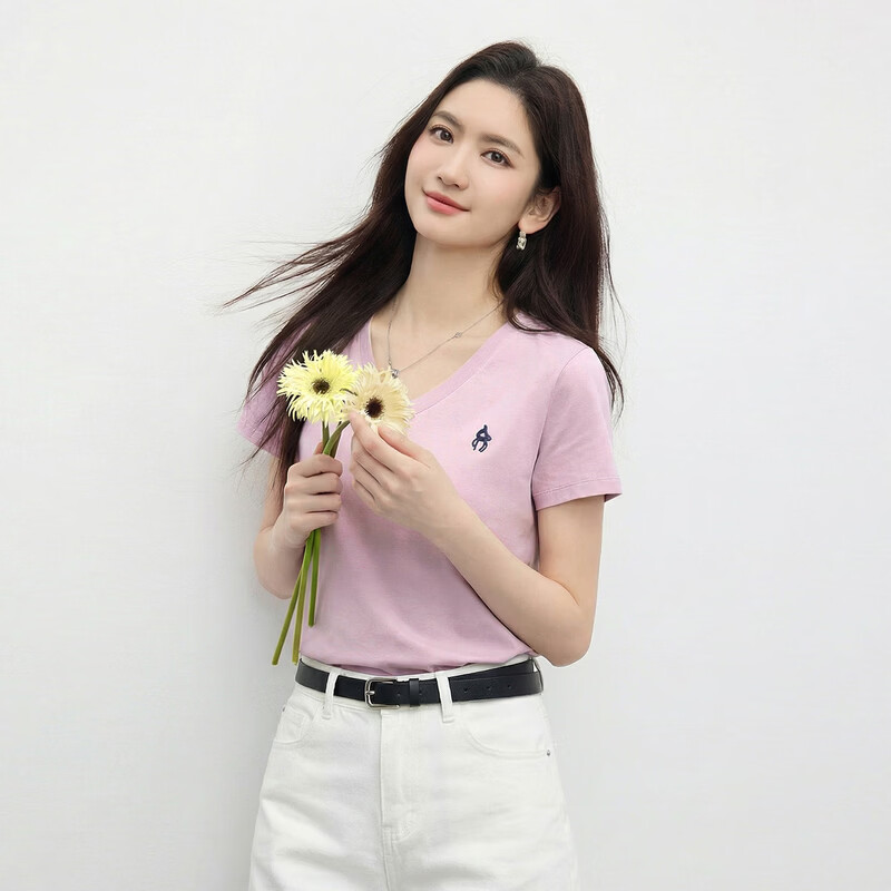 Sllsky Xinjiang Cotton V-Neck Shoulder T-Shirt Women 2026 Summer New Commuter Embroidered Short Sleeve Cool Top