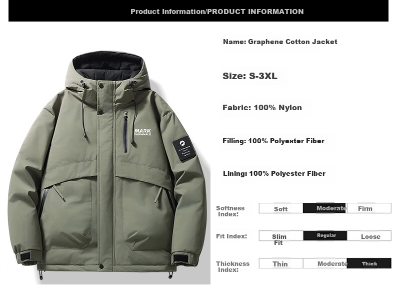 MARK FAIRWHALE Men's Cotton Padded Jacket Autumn Winter Thickened Hooded Coat Warm Puffer Jacket Light Army Green L 3
