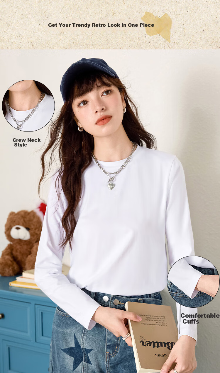 Woodpecker Women's Long Sleeve T-Shirt, Basic Spring and Autumn Loose Fit Pure Cotton Slim Fit Crew Neck Top, Black, Size S 3