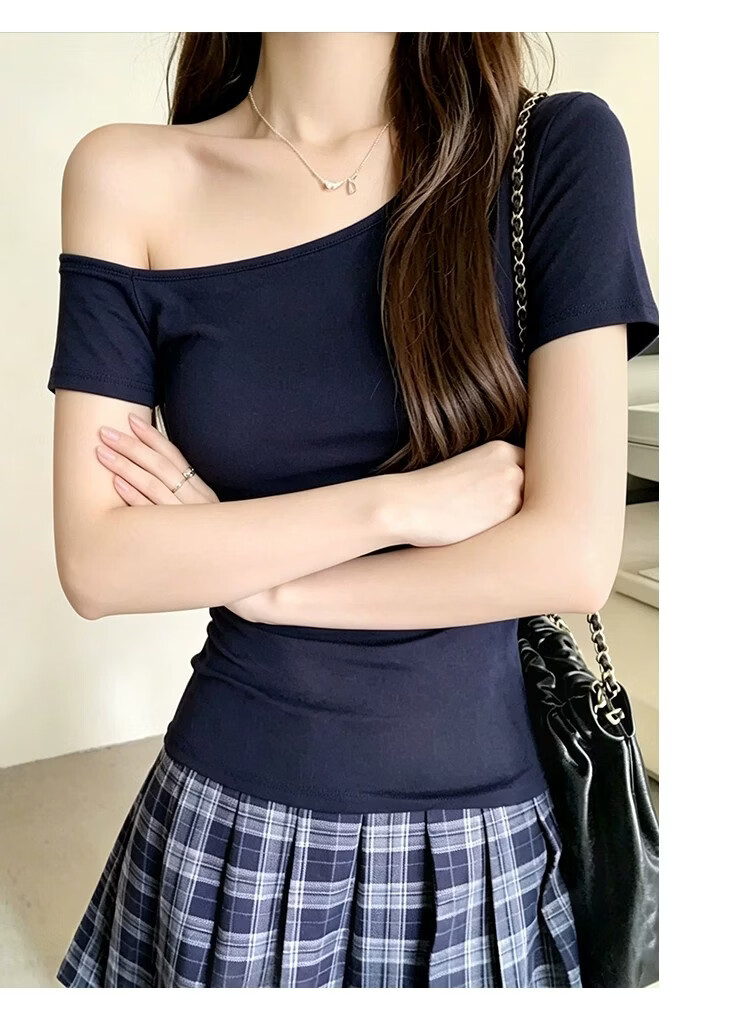 Shuangxing Women's Summer New Sexy Off-Shoulder Short Sleeve T-Shirt, Ruched Waist Slim Fit, Black, XL 15