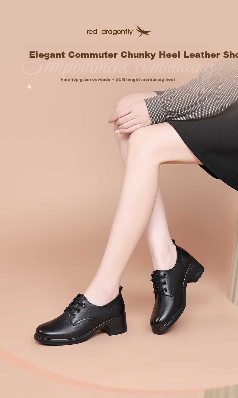 Red Dragonfly Women's Single Shoes First Layer Cowhide Small Leather Shoes British Casual Commuter Chunky Heel WTB152651 Black Size 36 1