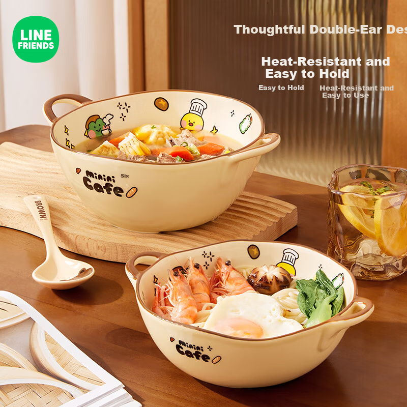MANCHAOJIA LINE FRIENDS Ceramic Double-Handle Bowl Household Yogurt Salad Soup Bowl Deep Large Capacity 7 Inch
