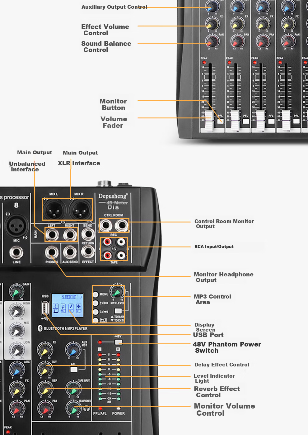 Depusheng DT8 Professional 8-Channel Mixer Stage Performance Video Conference Training Recording Live Singing Reverb USB Bluetooth MP3 Playback Multi-Channel Control Outdoor with Effects Equalizer 12