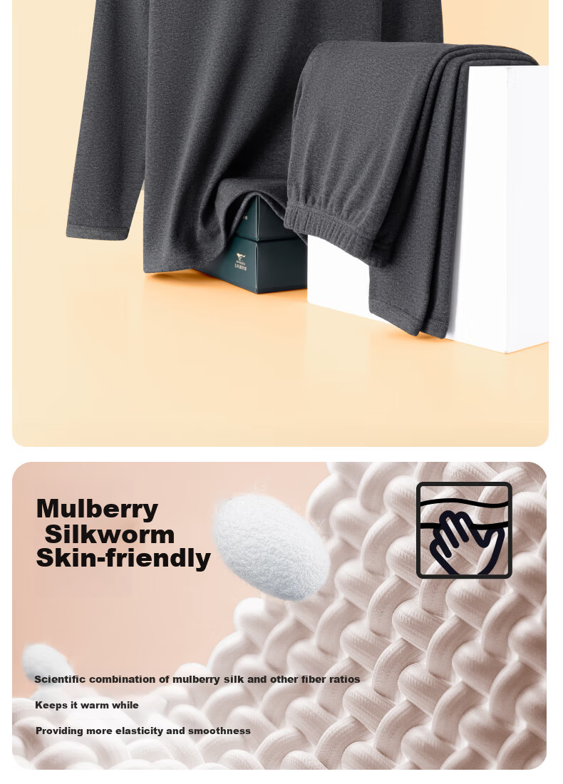SEPTWOLVES [Wool + Mulberry Silk] Thermal Underwear for Men, Fleece-Lined Thick Round Neck Autumn And Winter Cold-Proof Warm Set 6