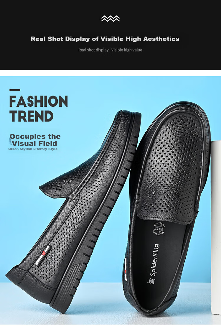 SPIDER KING Casual Shoes, Summer Hollow-Out Loafers, Slip-On Lightweight Comfortable Leather Shoes for Men, Hollow-Out Summer Style, Size 42 9