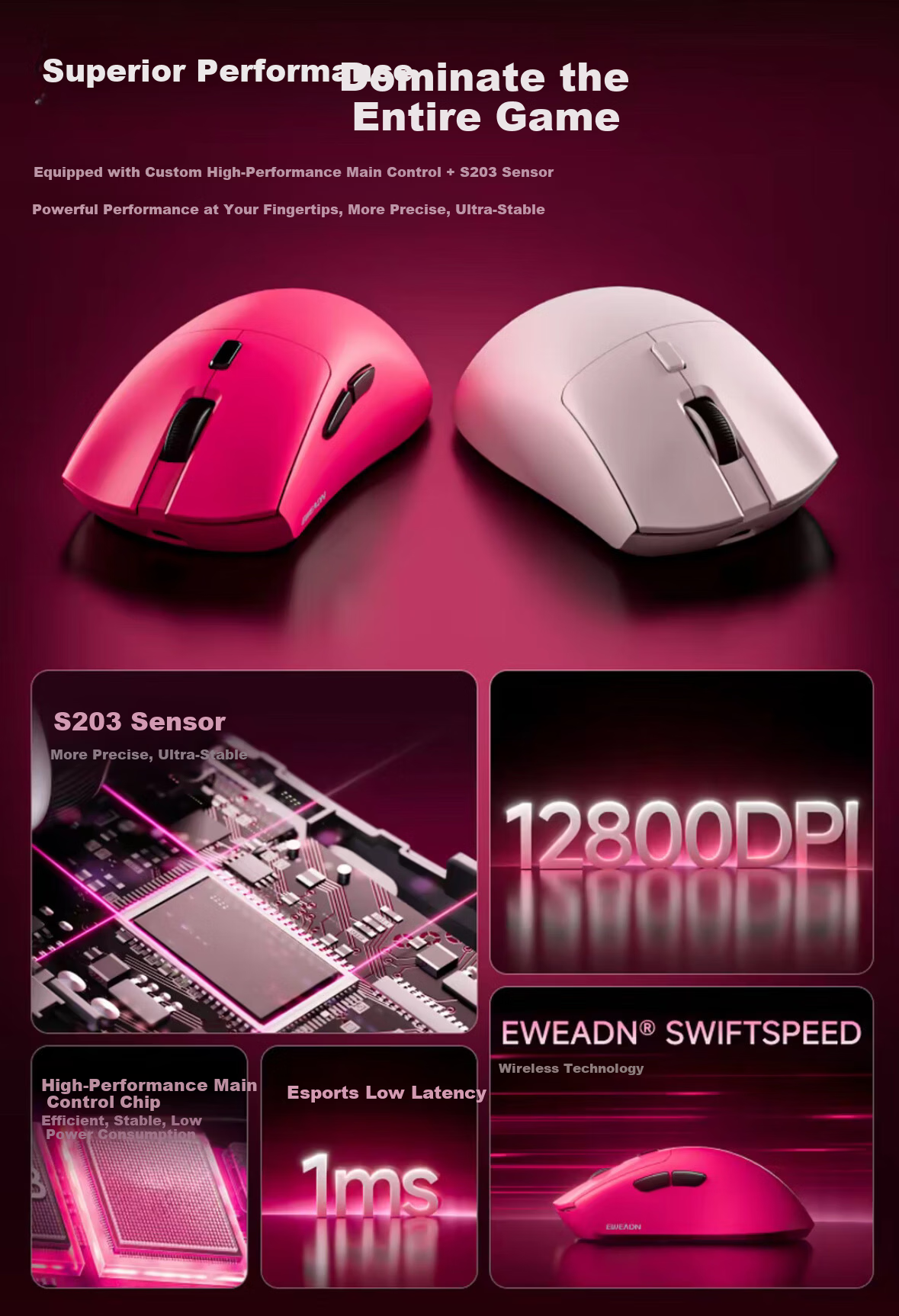 EWEADN E7 Pro Wireless Mouse Wired Bluetooth Tri-Mode Gaming Lightweight Low Latency Ergonomic for Small to Medium Hands Laptop Tablet Desktop Office Peripheral 5