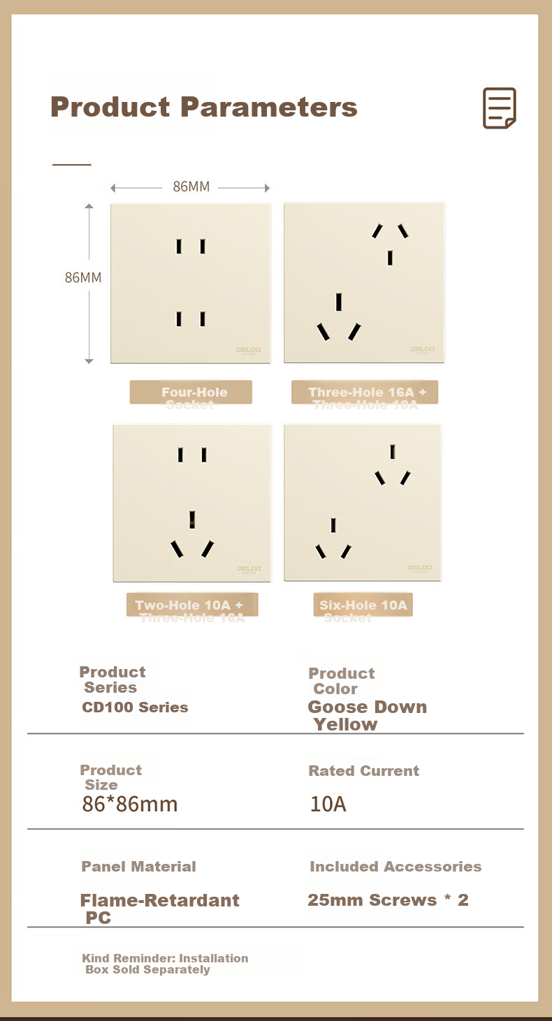 DELIXI Matte Skin-Friendly Large Panel 86 Type Universal Three-Hole 10A and 16A Socket CD100 Goose Down Yellow 10