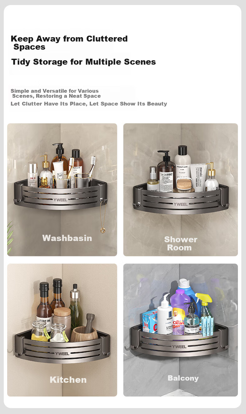 Yweel Triangle Storage Rack, No Drilling Required, Bathroom Space Aluminum, Nordic Simple Style, Suction Cup Wall-Mounted Washbasin Organizer Shelf 7