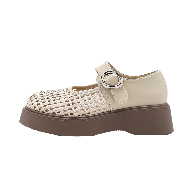 La Chapelle Women's Summer Sandals Simple Woven Breathable Comfortable Buckle Flats Beige Size 35