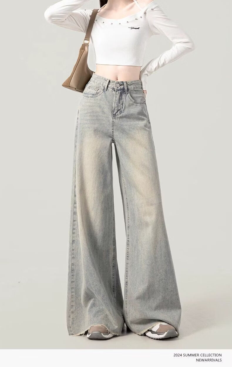 Jeanswest Women's Jeans 2026 Vintage Washed Straight High Waist Loose Distressed Raw Hem Wide Leg Pants Nostalgic Blue L 8