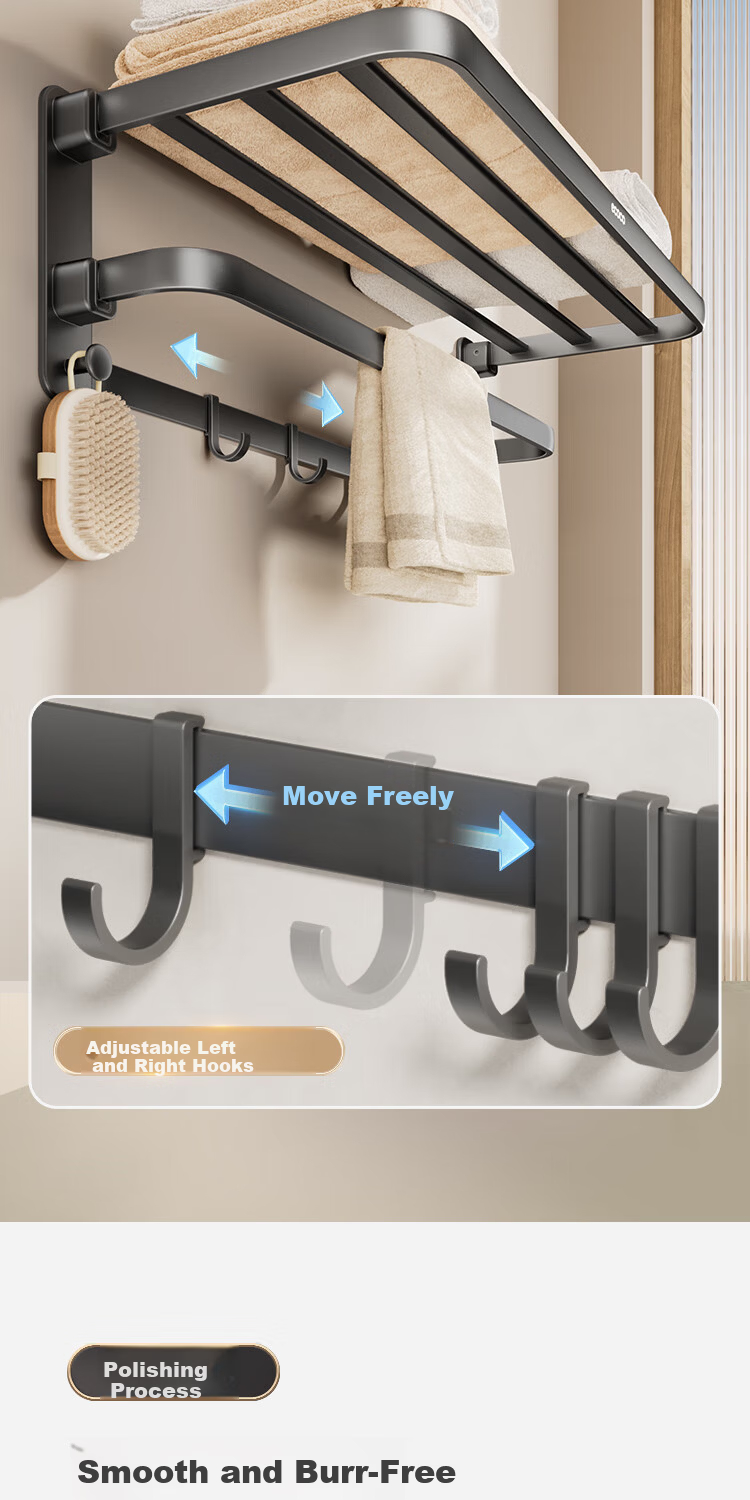 Ecoco Double-Layer Foldable No-Drill Towel Rack with Hooks Space Aluminum Bathroom Clothes and Towel Holder 25046 Dark Gray 7