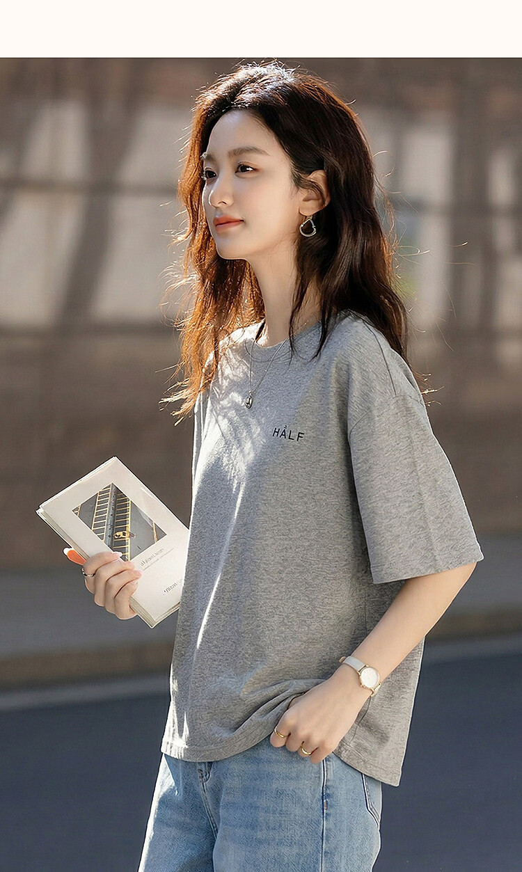 Demana [Comfort 180G Pure Cotton] Summer Simple Style Letter Print Loose Fit Women's 5-Sleeve T-Shirt 32