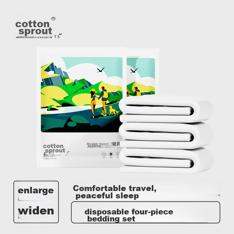COTTON SHOOTS Disposable Bed Sheet, Duvet Cover, Pillowcase, Thickened Hotel Hygiene Protection Travel Bedding Set, White Double Four-Piece Set