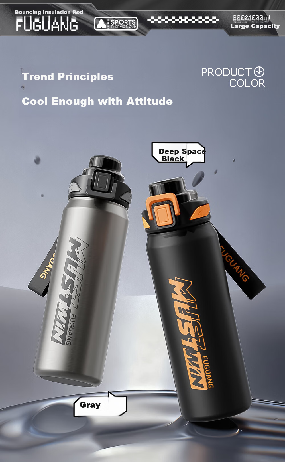 Fuguang Insulated Water Bottle Men's Large Capacity Outdoor Sports Cup One-Button Flip Lid Retractable Straw Tea Infuser Cup 10