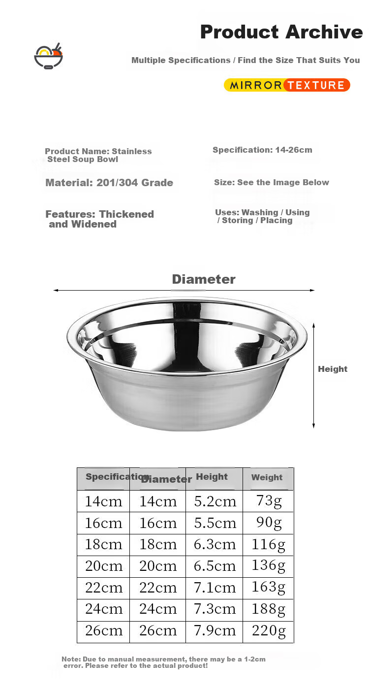 Jingqingfu 304 Stainless Steel Soup Bowl 16cm Canteen Serving Bowl Small Food Bowl Meal Bowl Soup Bowl Jingcang 6