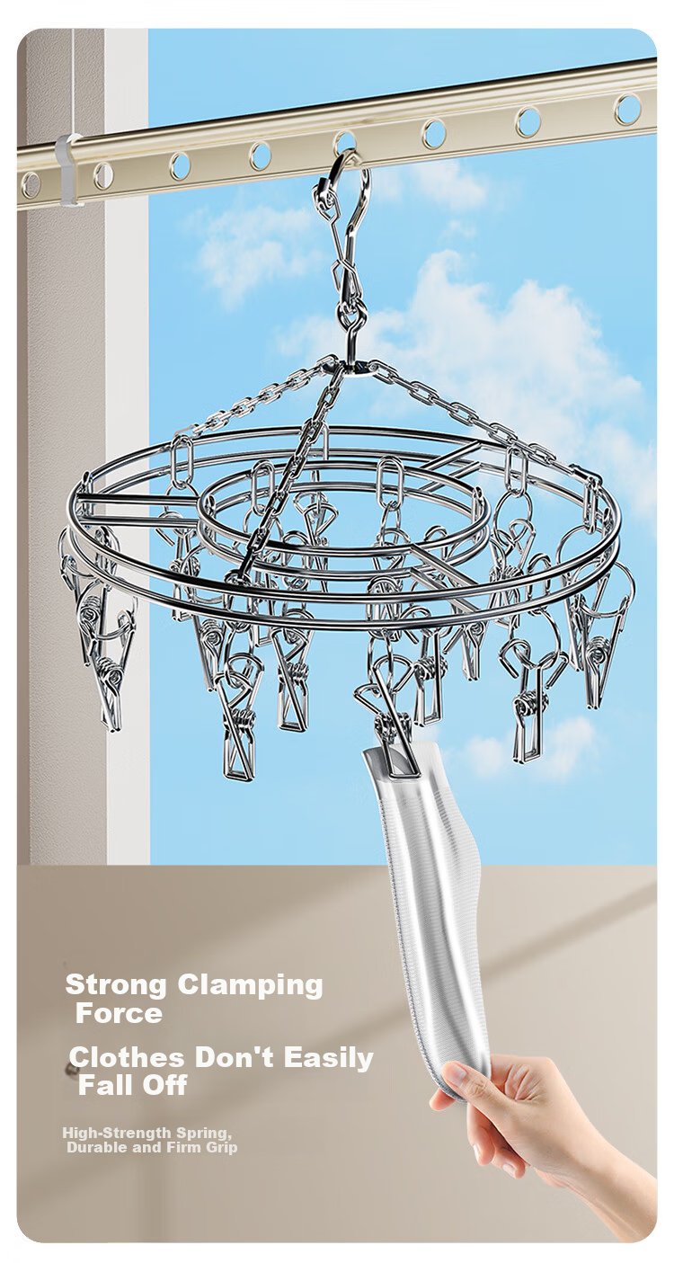 Meiliya Stainless Steel Round 16-Clips Sock Hanger Windproof Laundry Rack for Home Underwear Drying 7