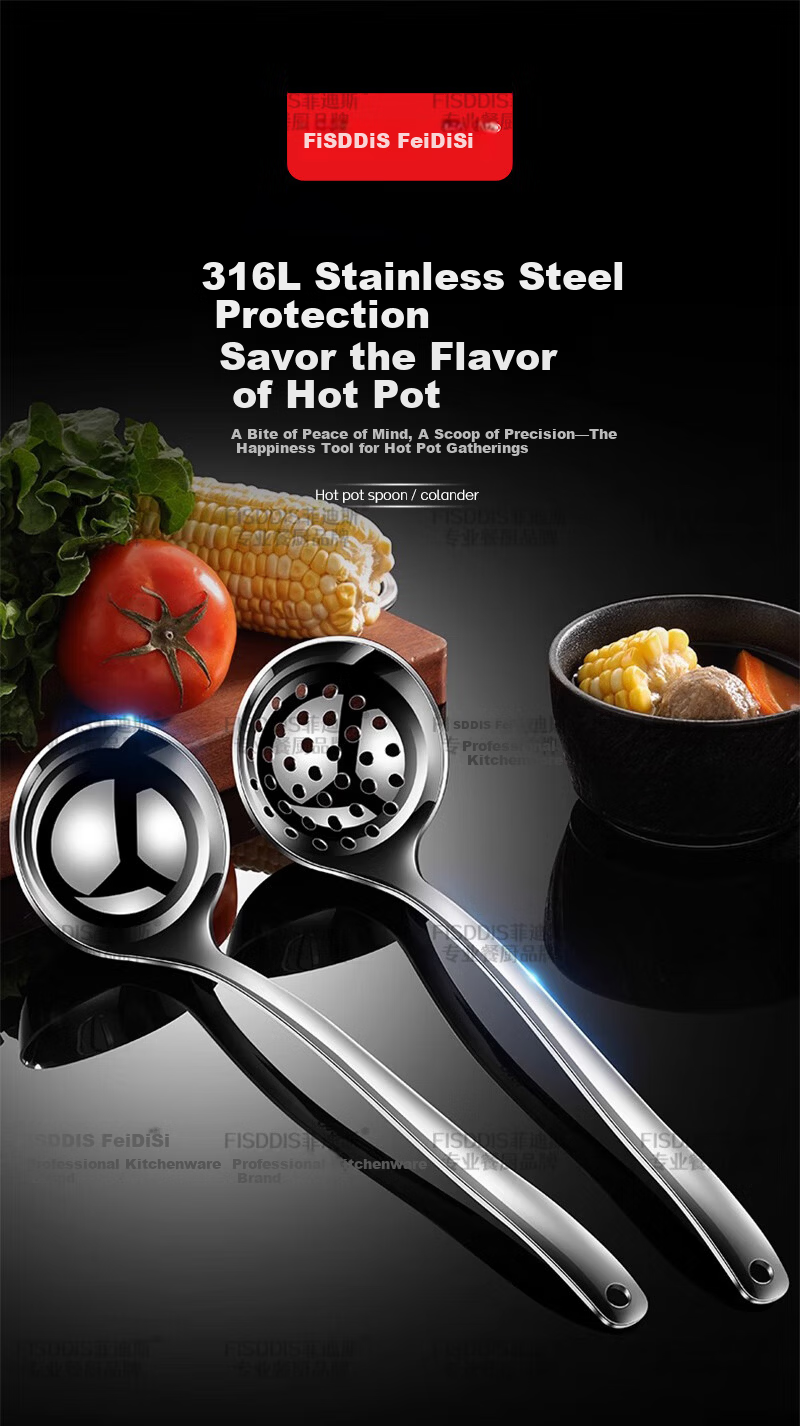 FISDDIS316 Stainless Steel Soup Ladle Hot Pot Slotted Spoon Extra Thick Heat-Resistant Serving Spoon Porridge Ladle Fiya Large 8-Inch Soup Scoop 1
