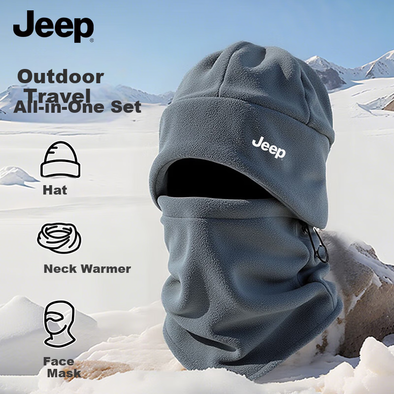 JEEP Winter Fleece Lined Hat and Neck Warmer Unisex Windproof Face Mask Gray