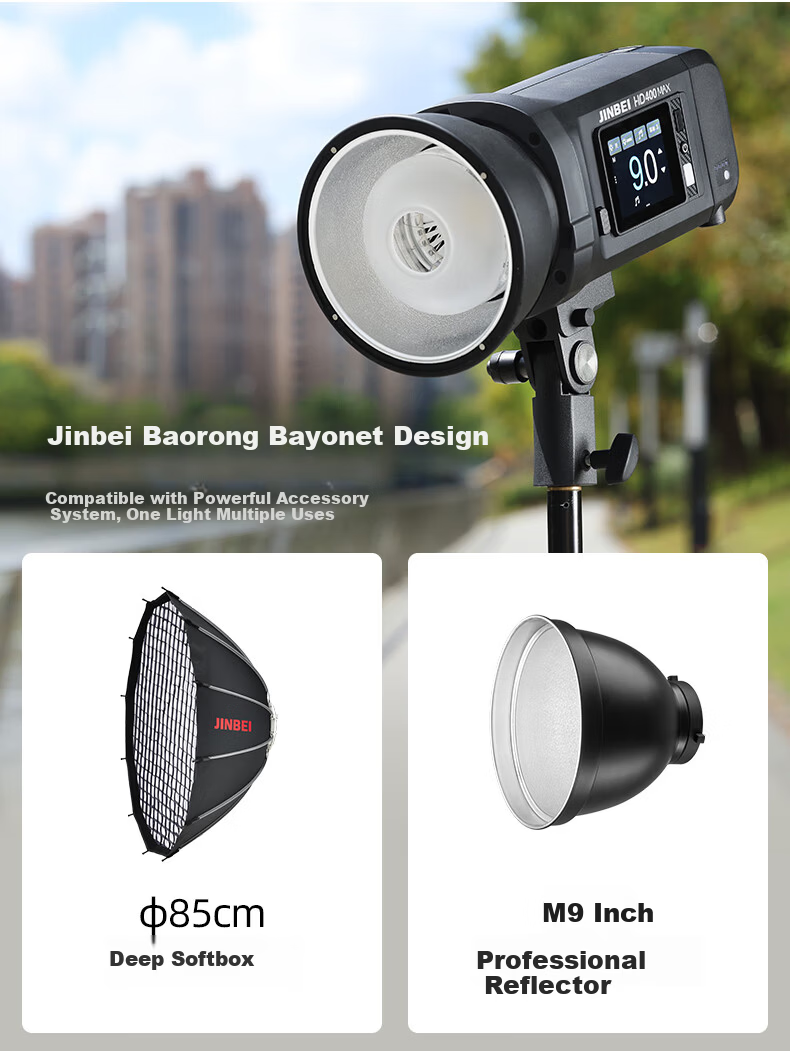 JINBEI HD400MAX Portable Outdoor Flash 400W Upgraded Handheld Lithium Battery Photography Light High-Speed Sync TTL Auto Metering Built-in Wireless Receiver Bilingual Touch Screen 12