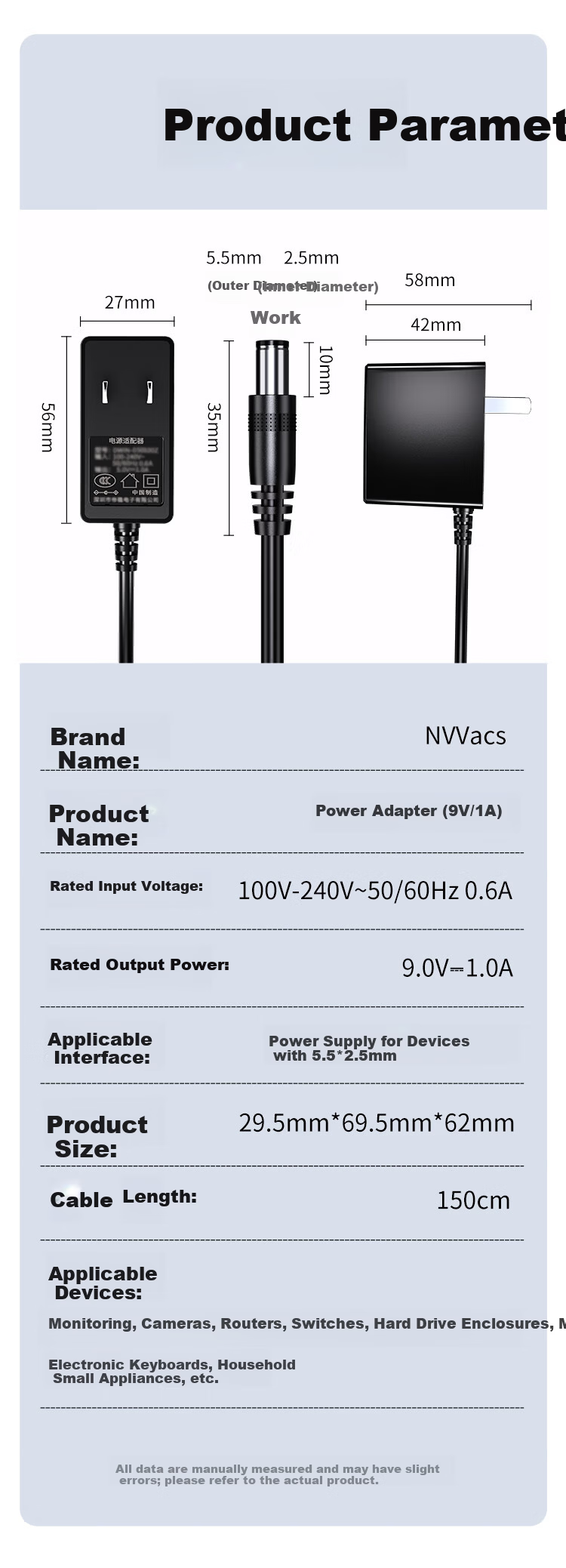 NVV 9V1A Power Adapter 5.5x2.1mm DC Connector Round Hole Charger for Wireless Router Switch Monitor Camera TP-LINK Fast Power Cable 1.5m 1