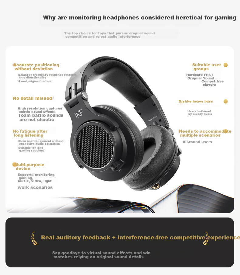 IKF VP5 Over-Ear Wired Headphones High-Fidelity HiFi Sound Fully Closed Monitoring Studio Recording Gaming FPS Mic Computer Mobile Universal 1