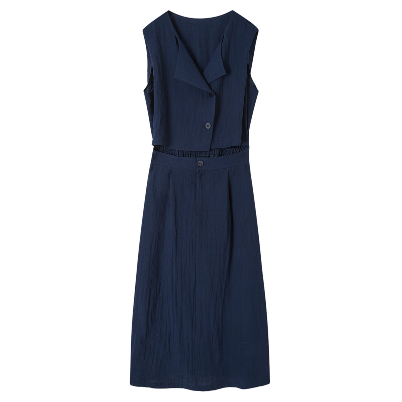 Demana Elegant Workplace Summer Fake Two-Piece Irregular Half-Placket Sleeveless Waist-Slimming Mid-Length Dress for Women