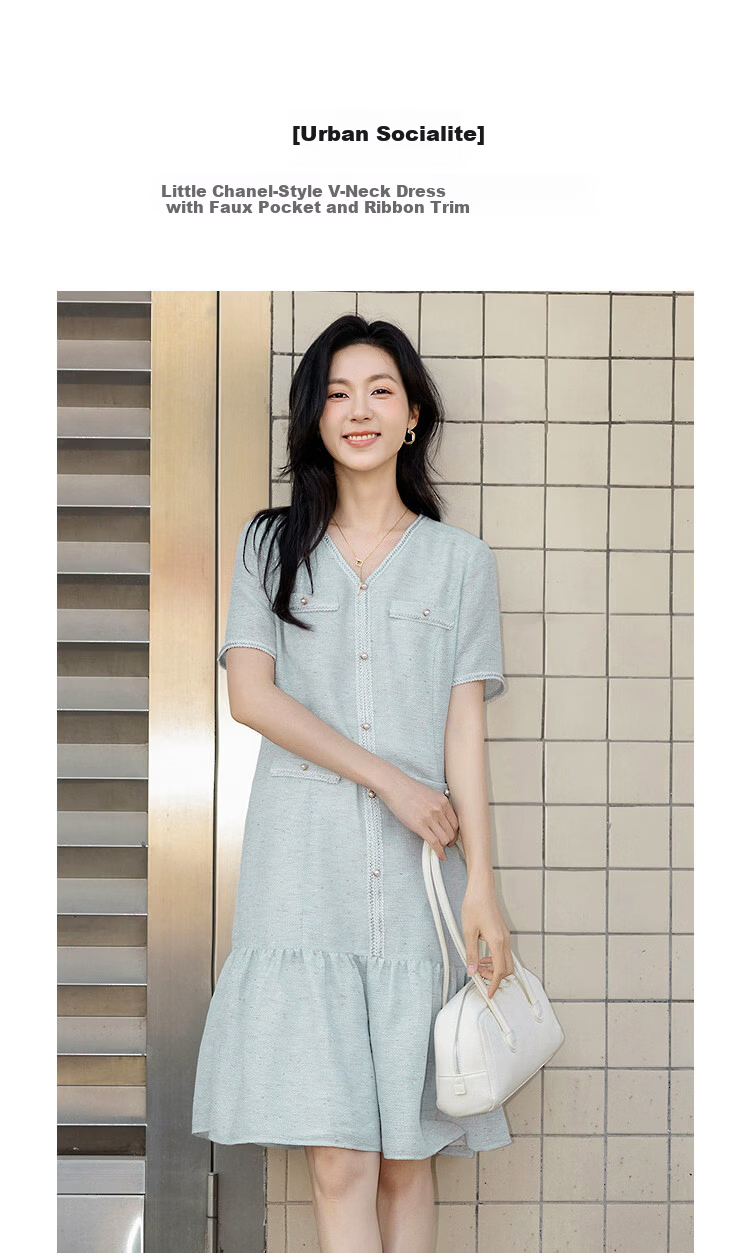 Demana Urban Socialite Summer Tweed V-Neck Fake Pocket Ribbon Slimming Concealing Dress for Women Premium 5