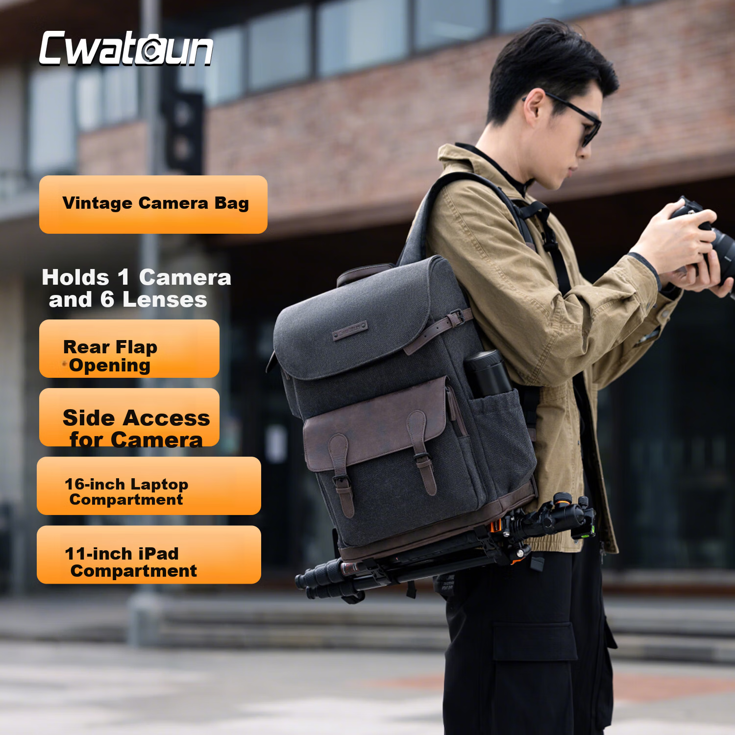 CWATCUN Kaden Vintage Camera Backpack Dual-Compartment Scratch-Resistant Durable Large-Capacity Waterproof Portable Photography Bag