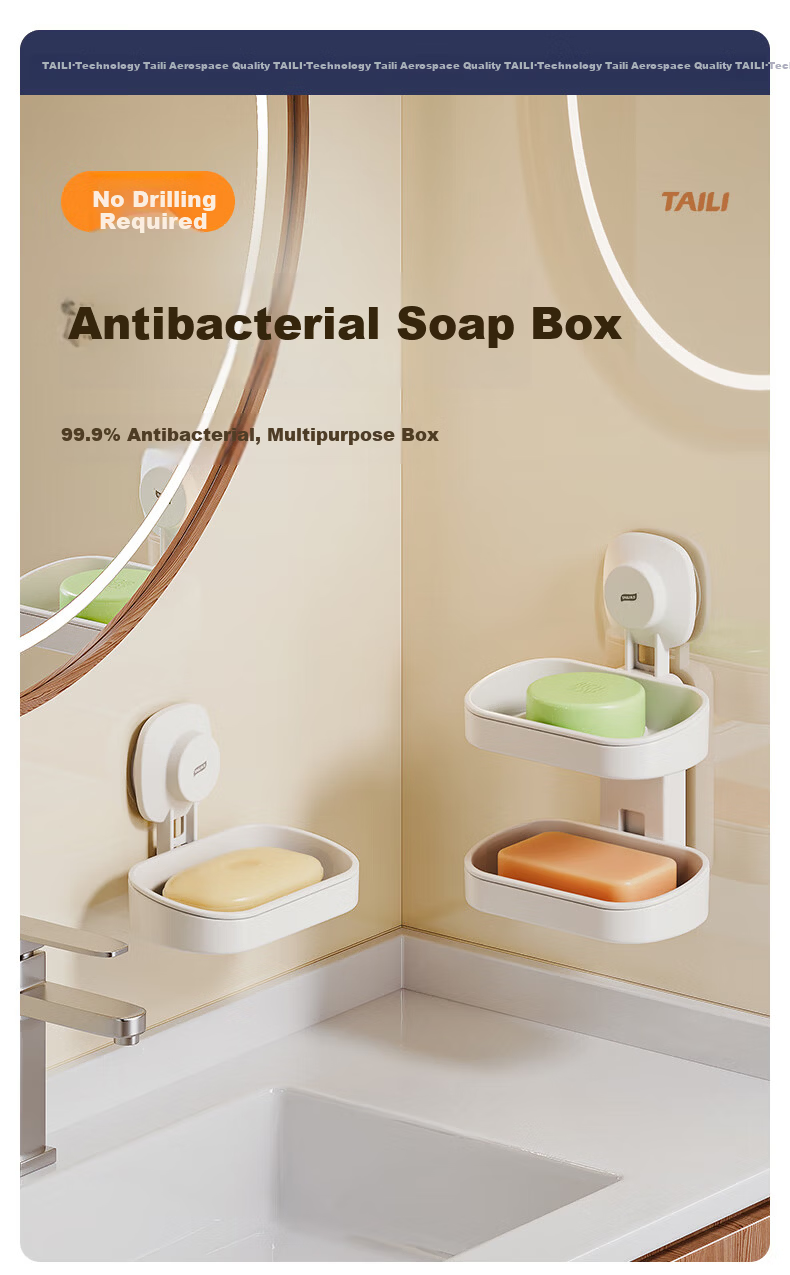 Taili Wall-Mounted Soap Dish Bathroom Soap Holder No-Drill Suction Cup Double-Layer Draining Storage Rack 2