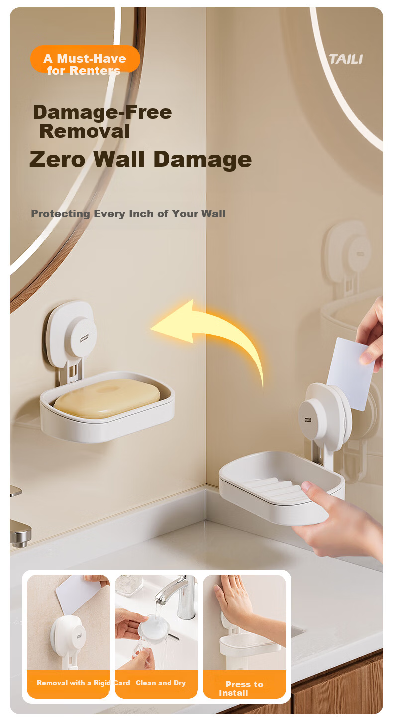 Taili Wall-Mounted Soap Dish Bathroom Soap Holder No-Drill Suction Cup Double-Layer Draining Storage Rack 10