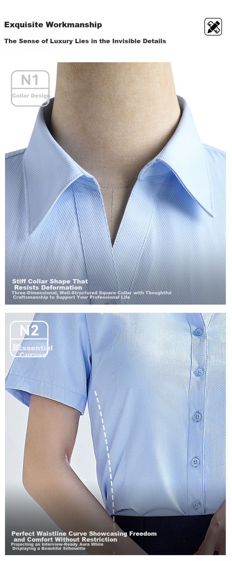 Yulixi Blue Women's Summer Short Sleeve Shirt Professional Interview Formal Top Daily Commute Elegant V-Neck Premium Shirt 4