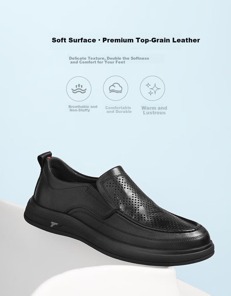 Belle Men's Slip-On Casual Leather Shoes Summer 2026 Breathable Commuter Business Shoes Black Perforated A2393 Size 40 5
