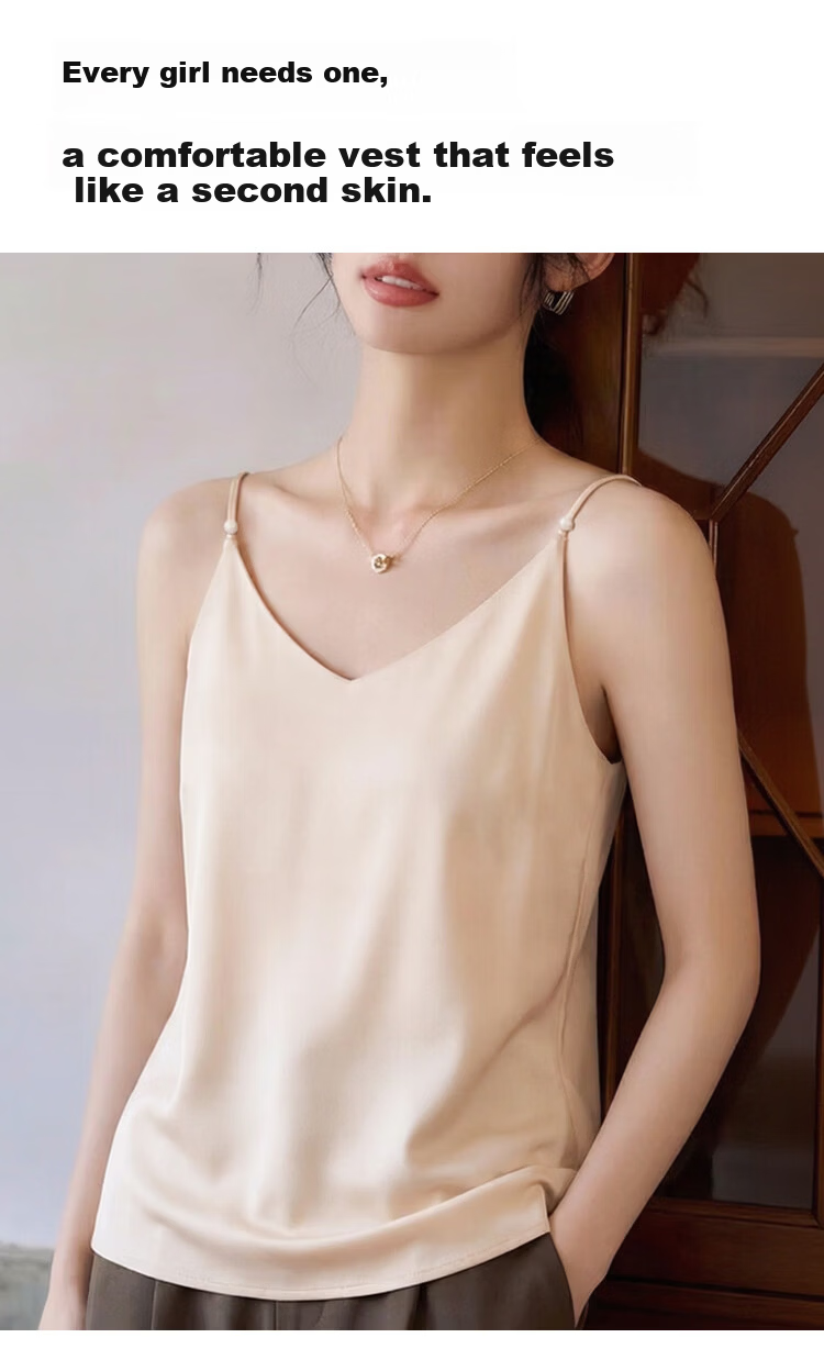 Audifine French Style V-Neck Pearl Strap Satin Loose Fit Sleeveless Tank Top Black XL 6