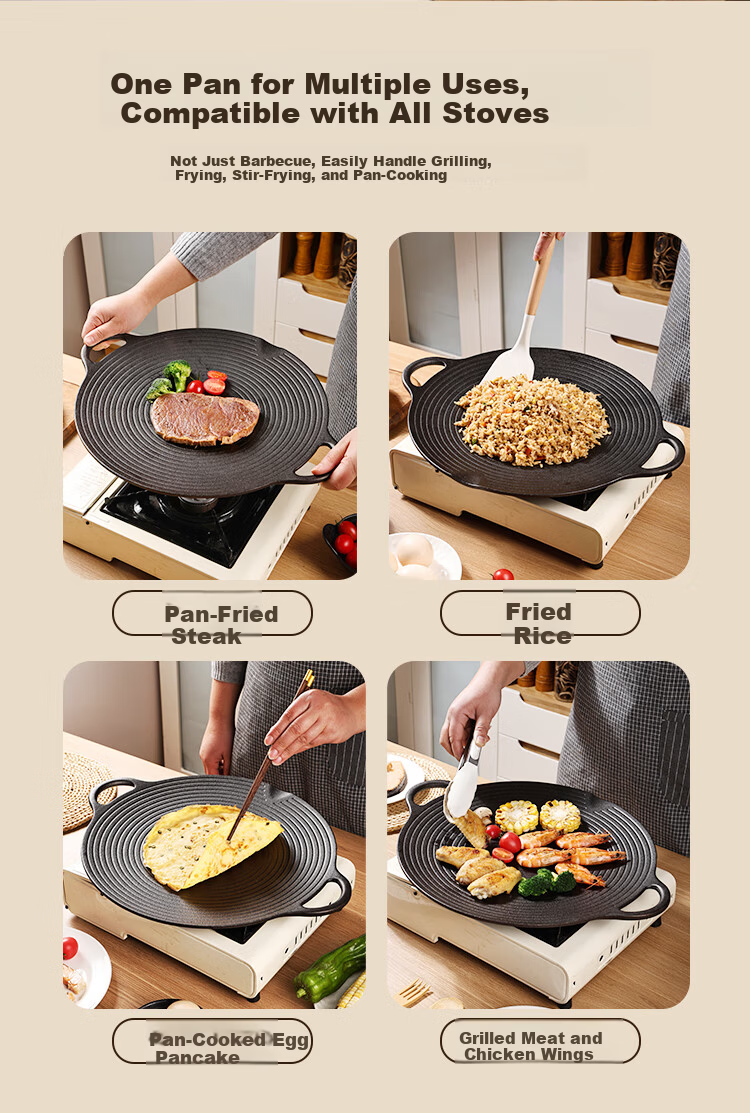 Jincun Cast Iron BBQ Grill Pan Flat Frying Pan No Coating Steak Egg Teppanyaki 35cm for Outdoor Gas Stove 7