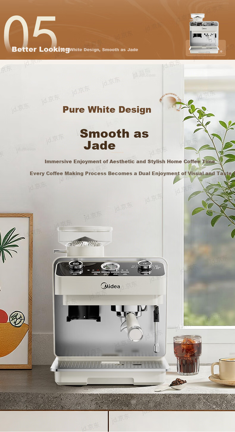 Midea Semi-Automatic Coffee Machine, Cold And Hot Three-Infusion Fully Automatic Grinder All-In Machine, Home Use Bean Grinder, Italian Espresso, Visible Pressure Gauge, GE5810 17