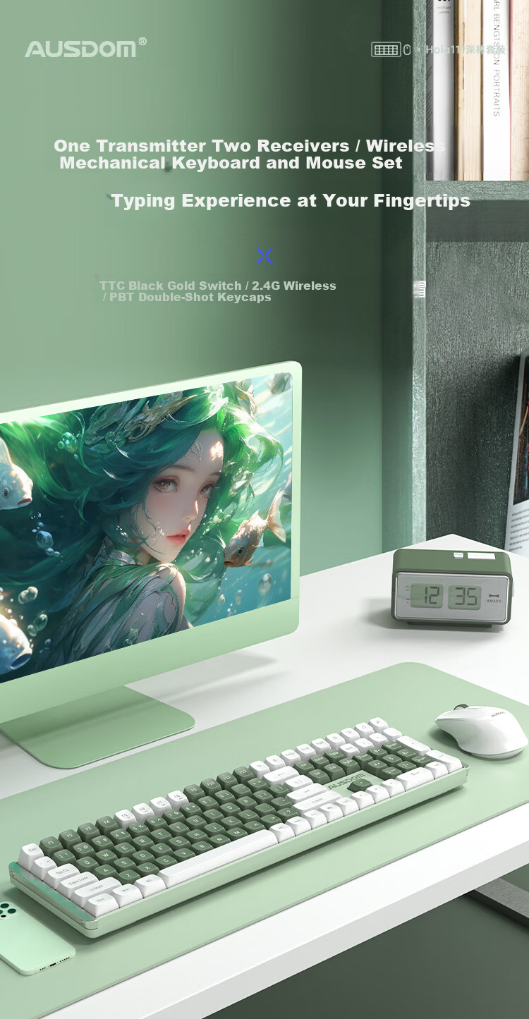 AUSDOM HOLA108 Wireless Keyboard and Mouse Combo Office Gaming Mechanical Keyboard 108-Key Anti-Ghosting Full Layout Desktop Computer Set Green White 1