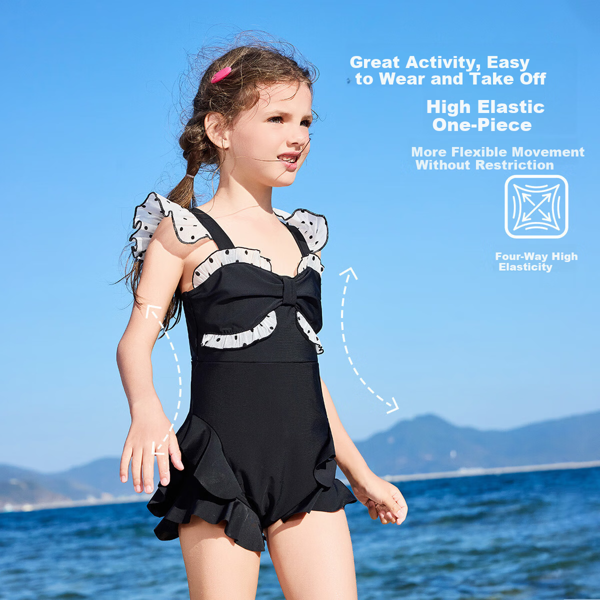 ASK JUNIOR Kids Swimsuit with Swim Cap Summer Girls' One-Piece Polka Dot Swim Dress for Beach Vacation