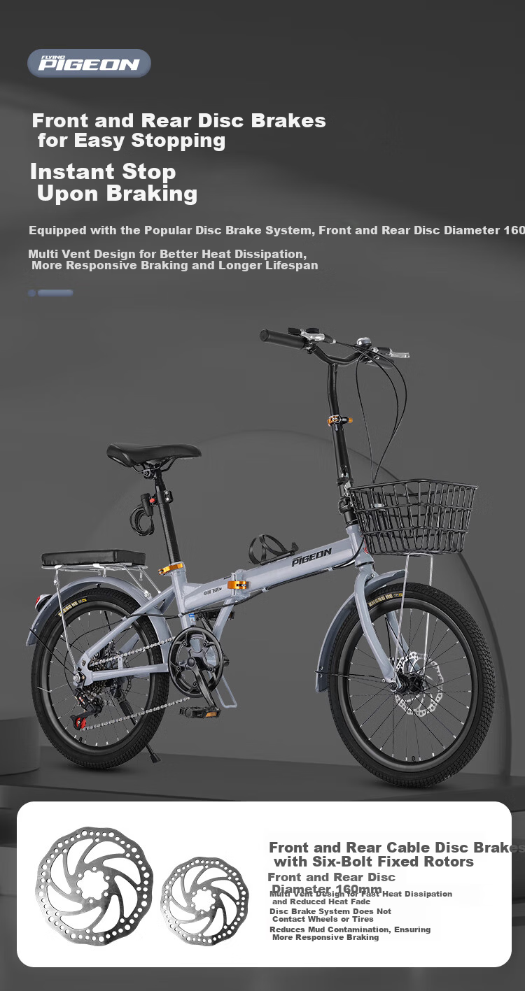 FLYING PIGEON Folding Bicycle 20-inch Unisex Adult Student Children's City Casual 7-Speed Gray 3